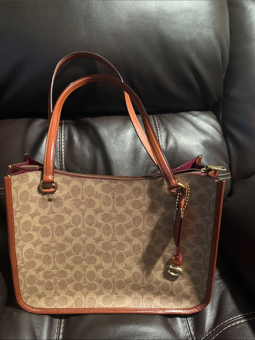 Coach Tan Signature Canvas Tote with Brown Leather Trim